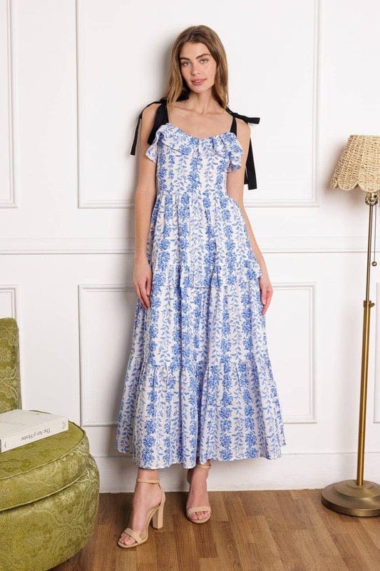 Blue and white floral maxi with black ties