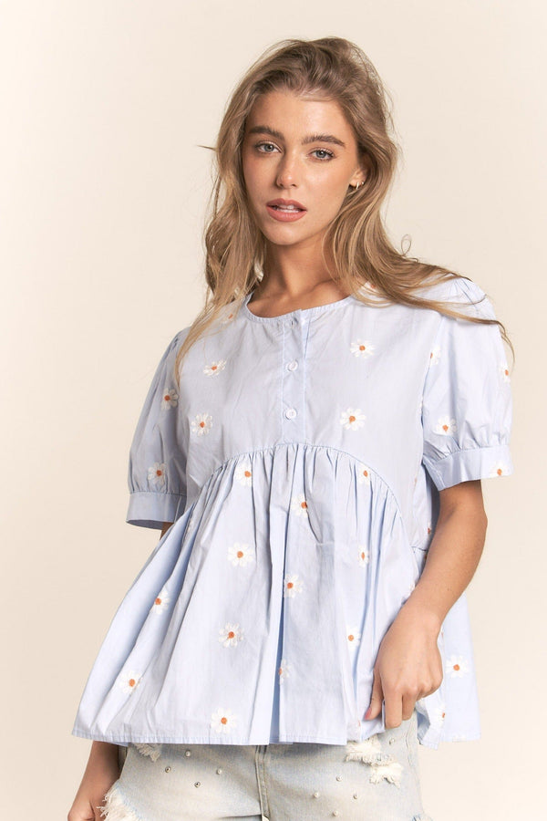 Blue daisy embroidered babydoll top