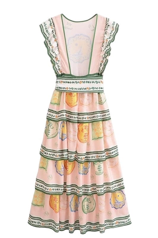 Pink & green print tiered midi dress