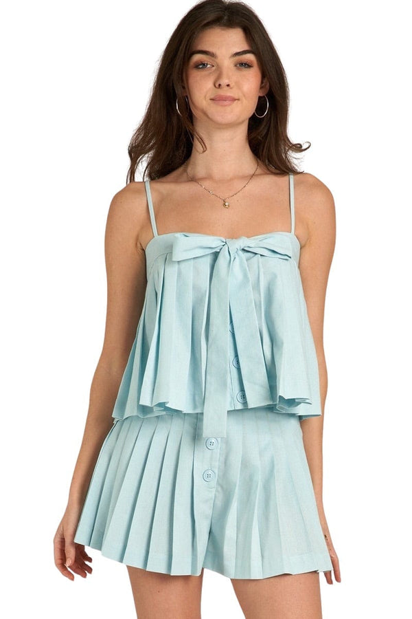 Sky blue bow pleated top and short set