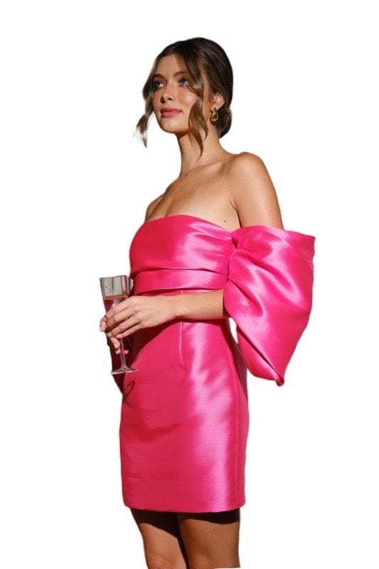 Hot pink off shoulder satin mini dress