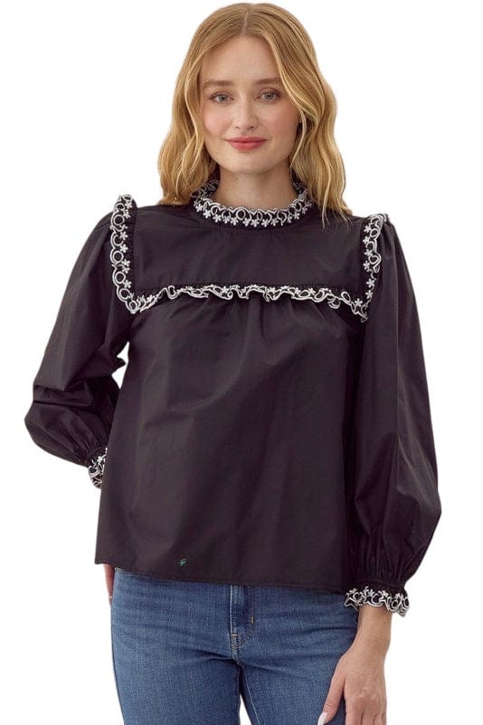 Black poplin top with eyelet trim