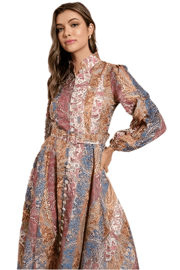 Long sleeve paisley maxi with buttons and belt