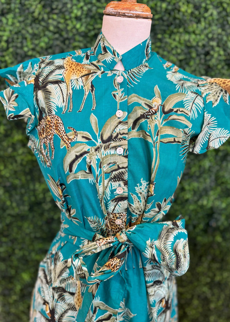 Darlington Isle turquoise jungle print flutter sleeve dress