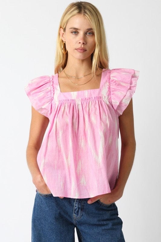 Pink and white flutter sleeve top