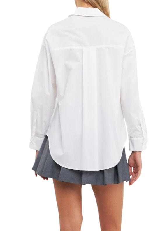 White and black bow front blouse