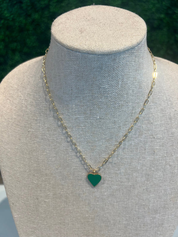 Green heart necklace with gold chain