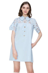 Light blue shirt dress with lace sleeve and jewel buttons