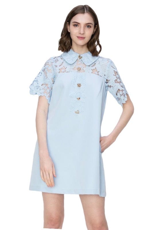 Light blue shirt dress with lace sleeve and jewel buttons