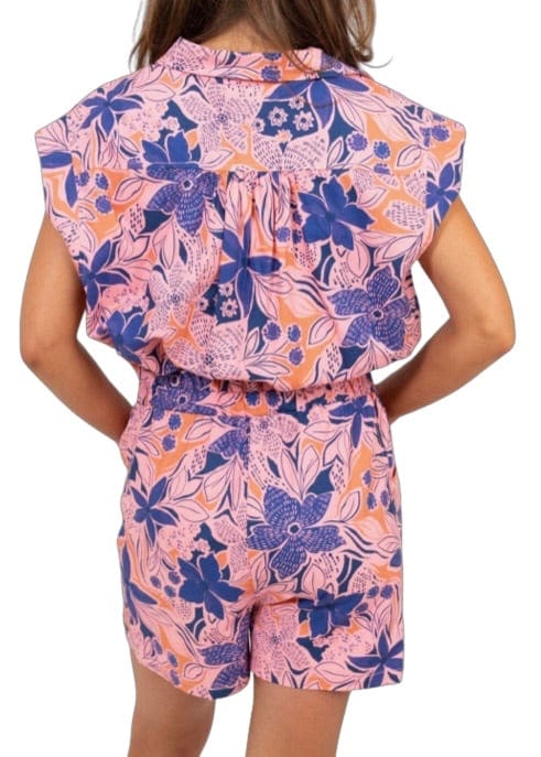 Navy and pink floral poplin utility romper