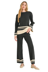 Black and cream knit pants and top set