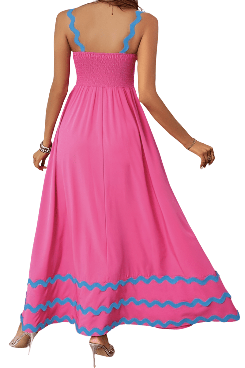 Hot pink maxi dress with blue wave trim