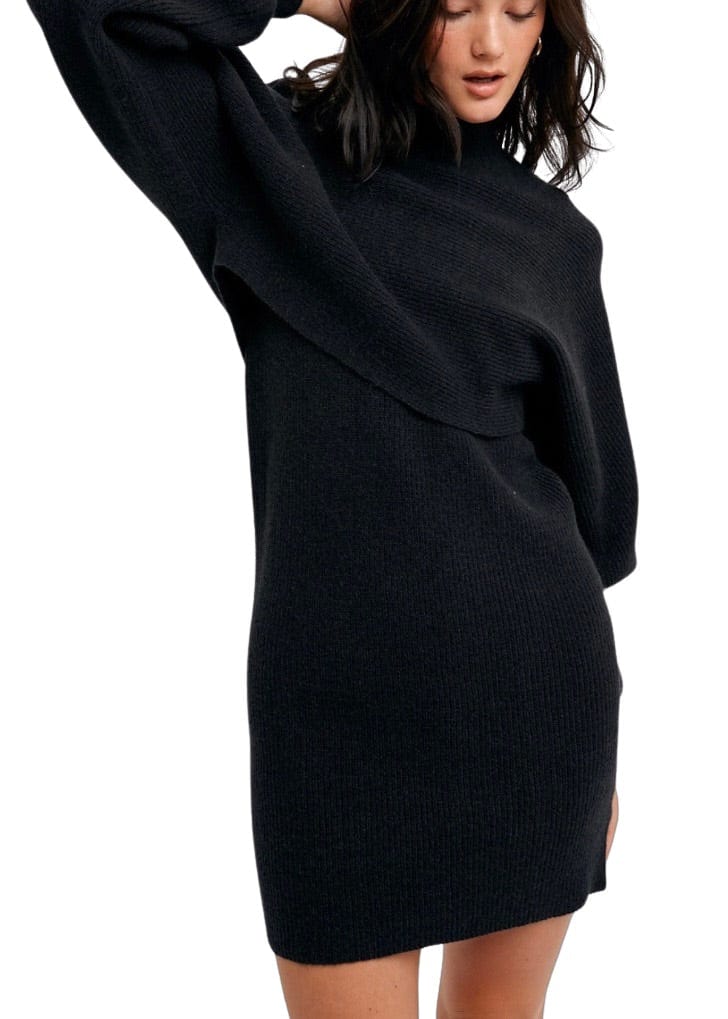 Black knit sweater dress with cropped top overlay