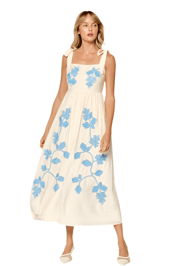 Blue flower embroidered maxi dress