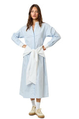 Colorblock blue and white front tie shirt dress