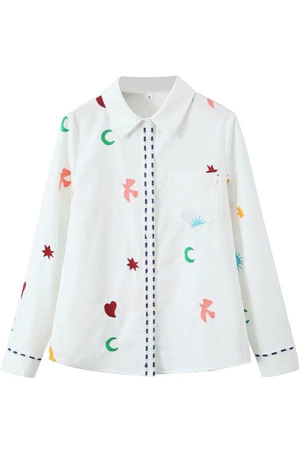 White multi color embroidery long sleeve shirt