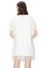 White jeweled feather hem dress