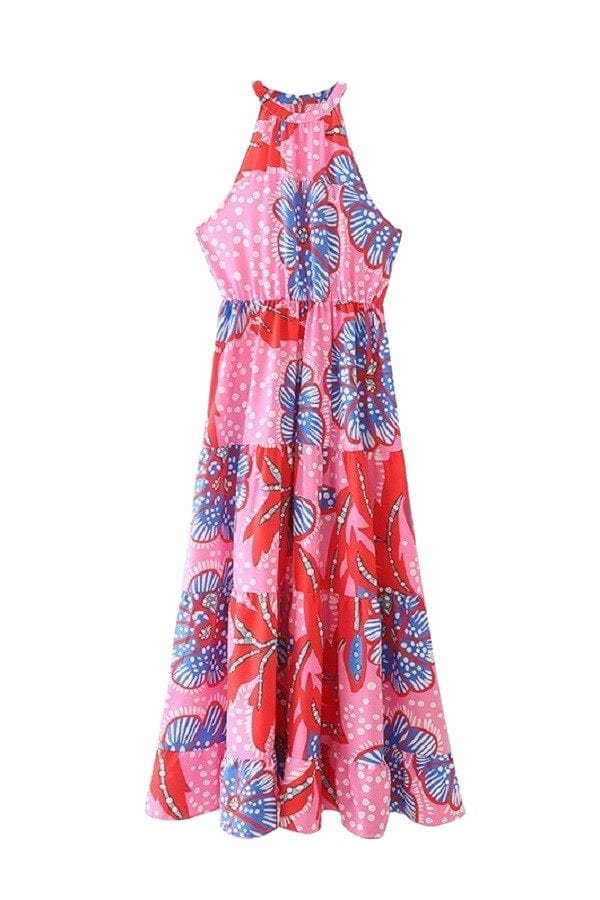 Floral and hot pink polka dot halter dress
