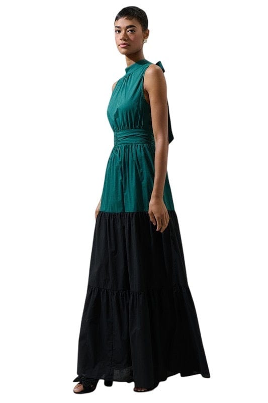 Hunter green and black color block tiered maxi