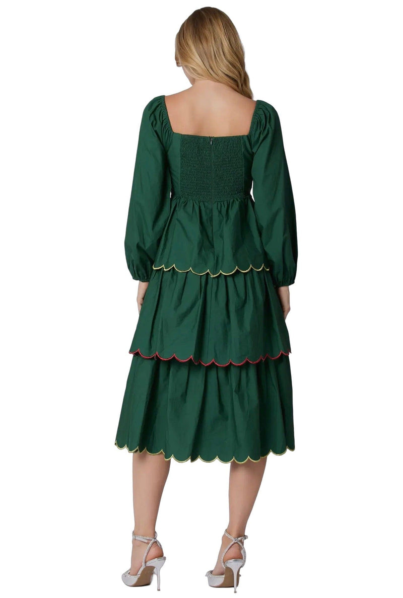 Hunter green poplin scalloped tiered midi