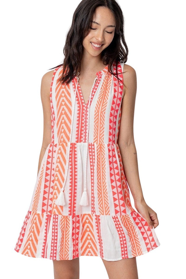 Sleeveless pink and white aztec print embroidered dress