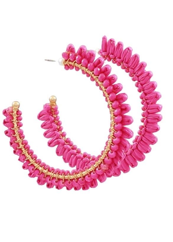 Pink seed bead and raffia hoops