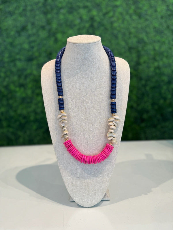 Blue and pink coconut wood necklace