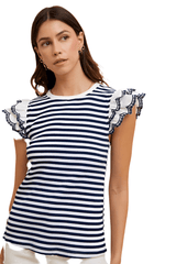 Ivory and navy striped eyelet ruffle sleeve top