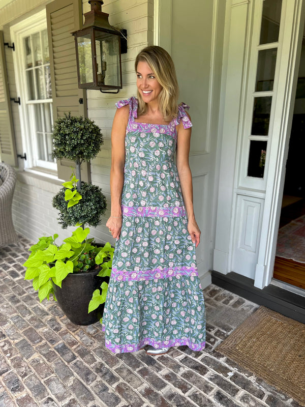 Kate green and purple floral tiered maxi dress