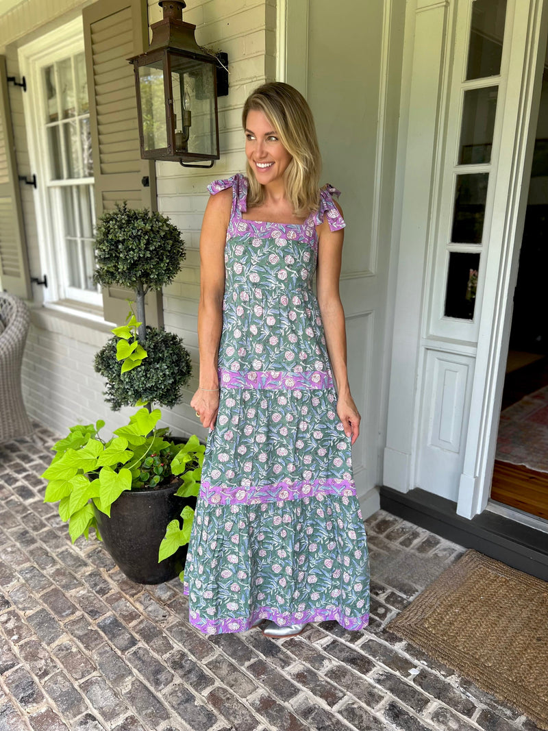 Kate green and purple floral tiered maxi dress