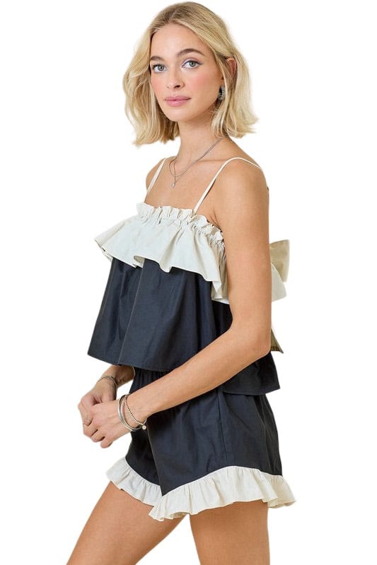 Black & cream ruffle short set