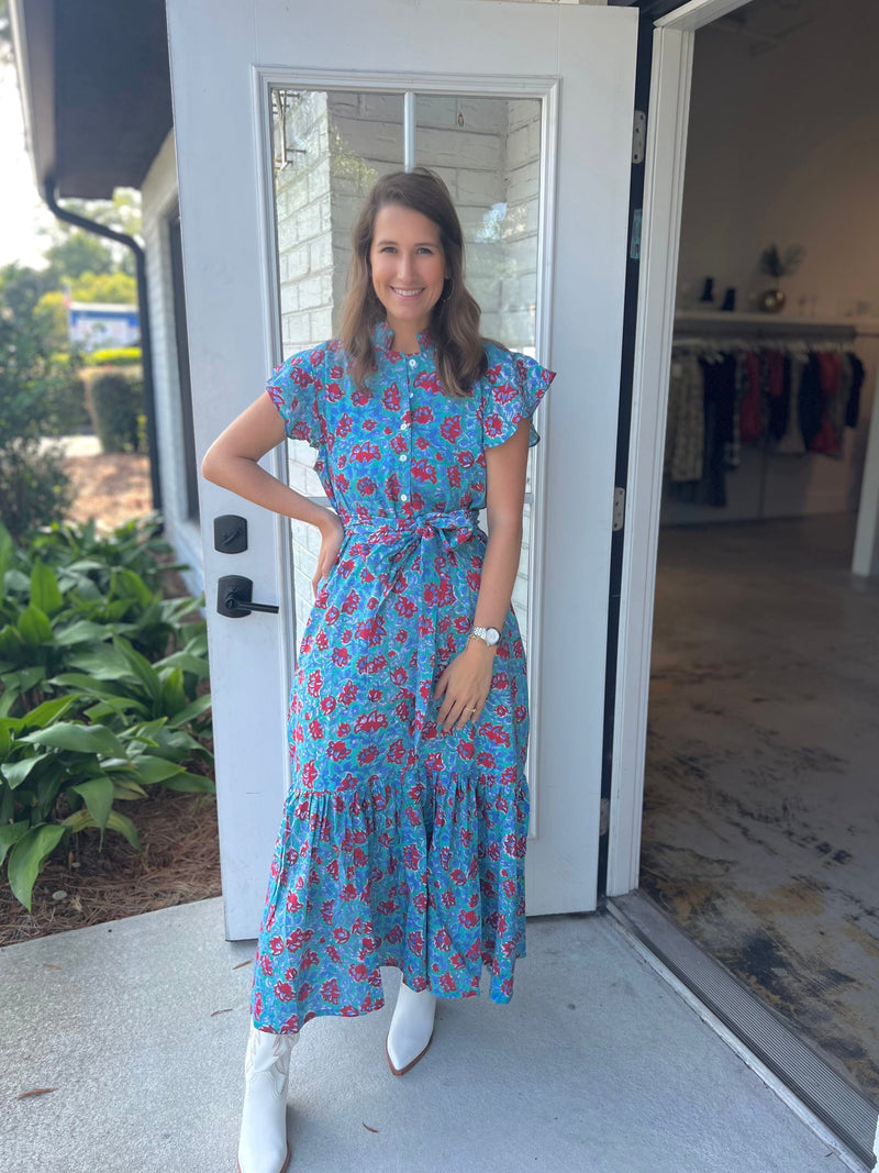 Trunk show red and teal bud flutter sleeve midi