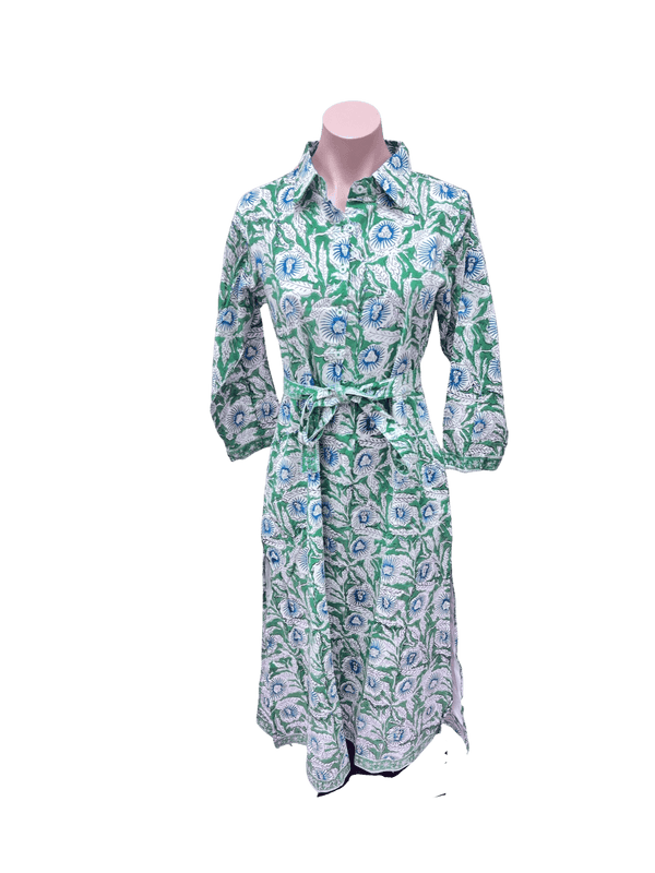 Trunk show Green white and blue floral collared shirt dress