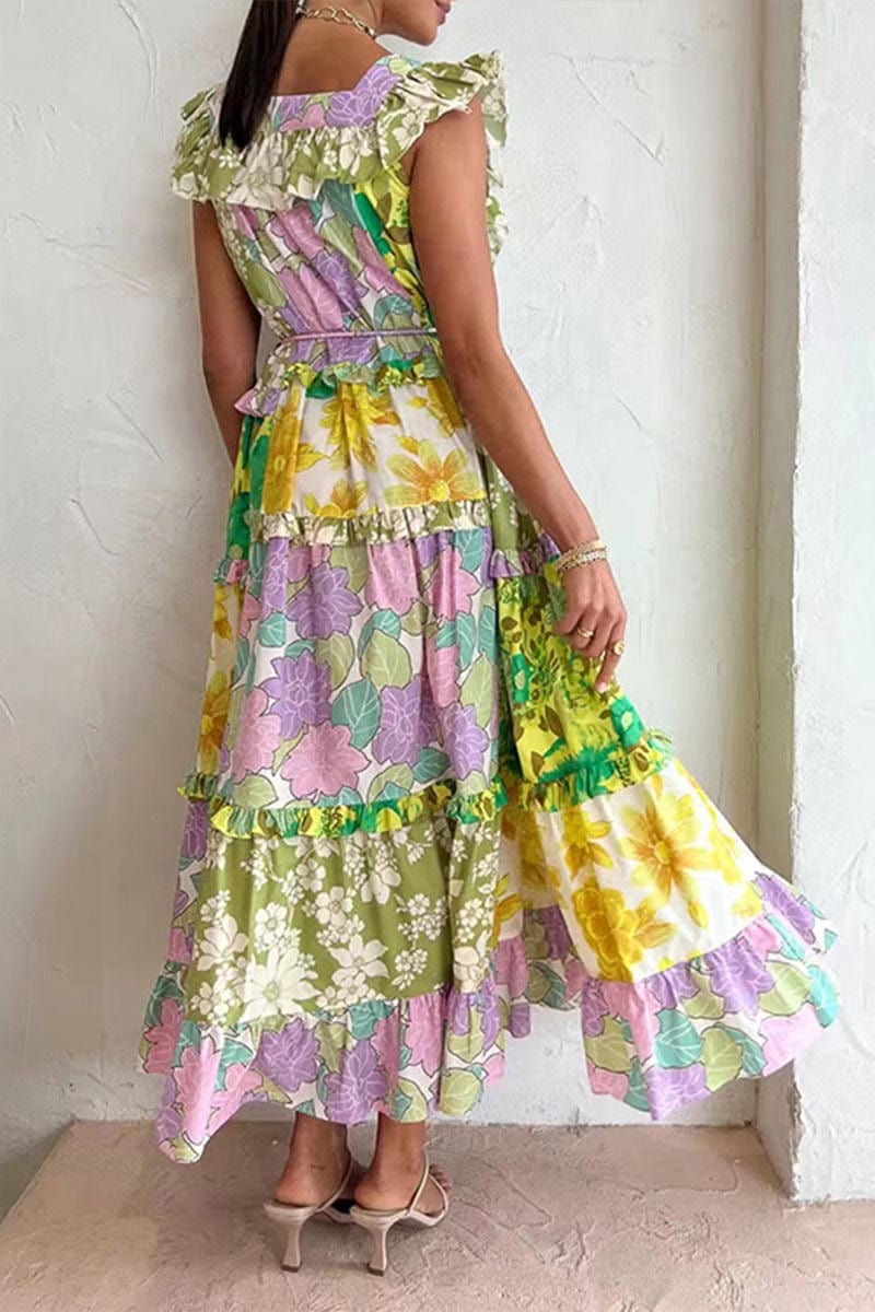 Yellow green and purple colorblocked floral maxi