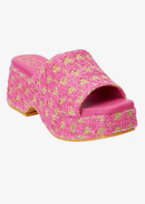 Hot pink & natural textured slip on platform sandal