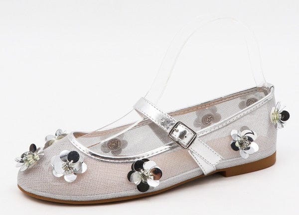 Silver mesh Mary Jane flat with flower