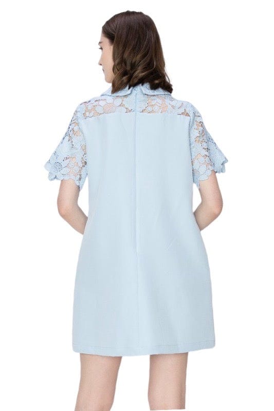 Light blue shirt dress with lace sleeve and jewel buttons