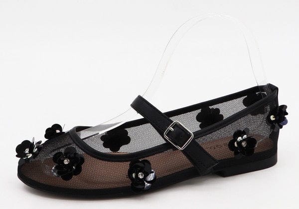 Black mesh Mary Jane flat with flower