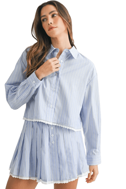 Blue stripe pleated skirt set