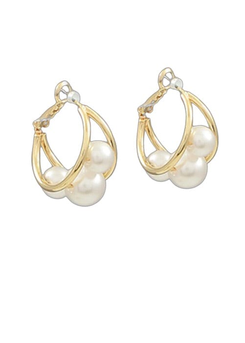 Gold caged triple pearl hoops
