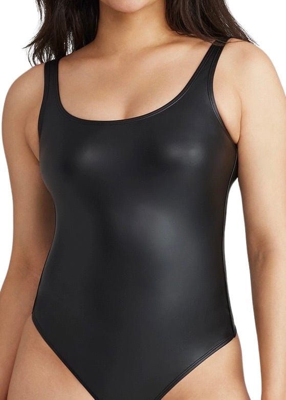 Black faux leather shaping bodysuit