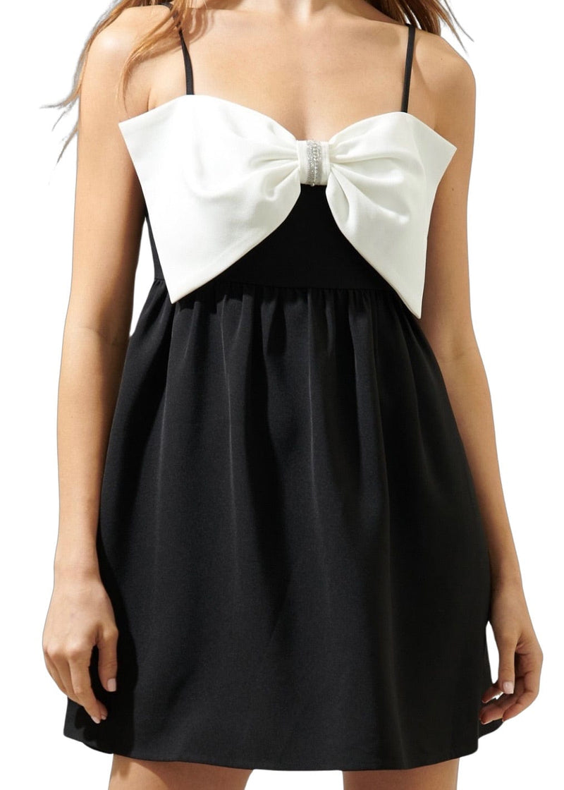 Black and white rhinestone bow mini dress