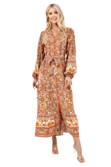 Brown and orange floral print long sleeve dress