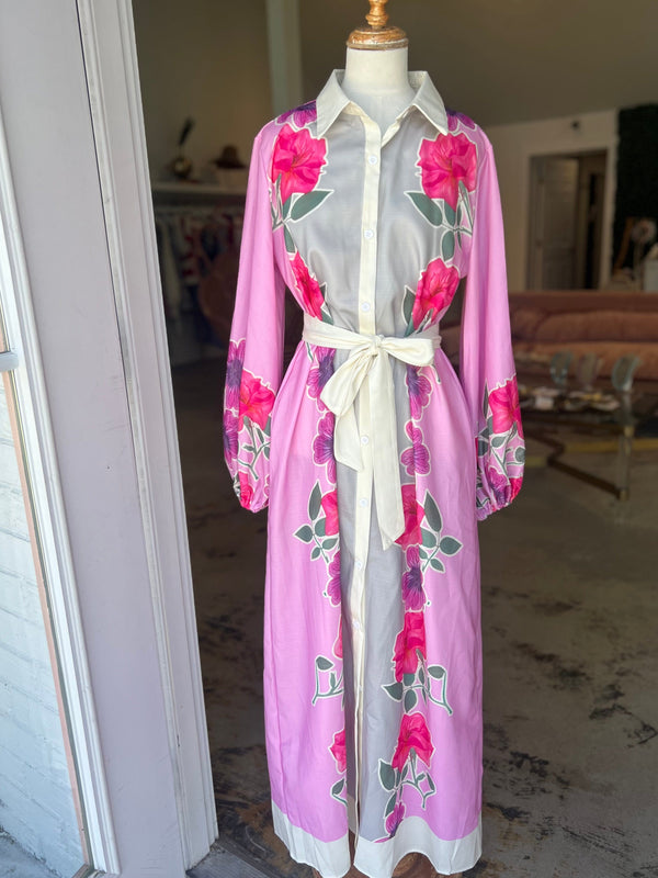 Pink and ivory long sleeve floral maxi