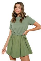 Olive drawstring sweatshirt twofer dress