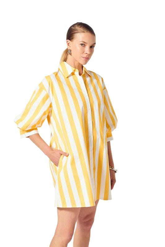 Yellow and white big stripe shirt dress with side pockets