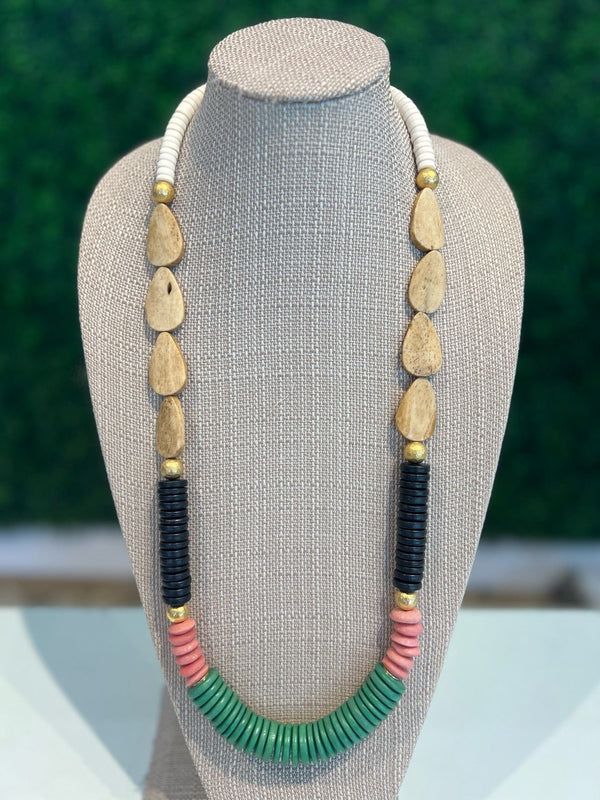 Pink green & coconut wood beaded necklace