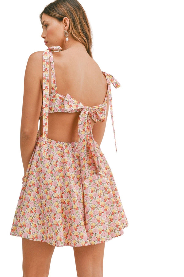 Multi pastel floral print tie shoulder cut out dress