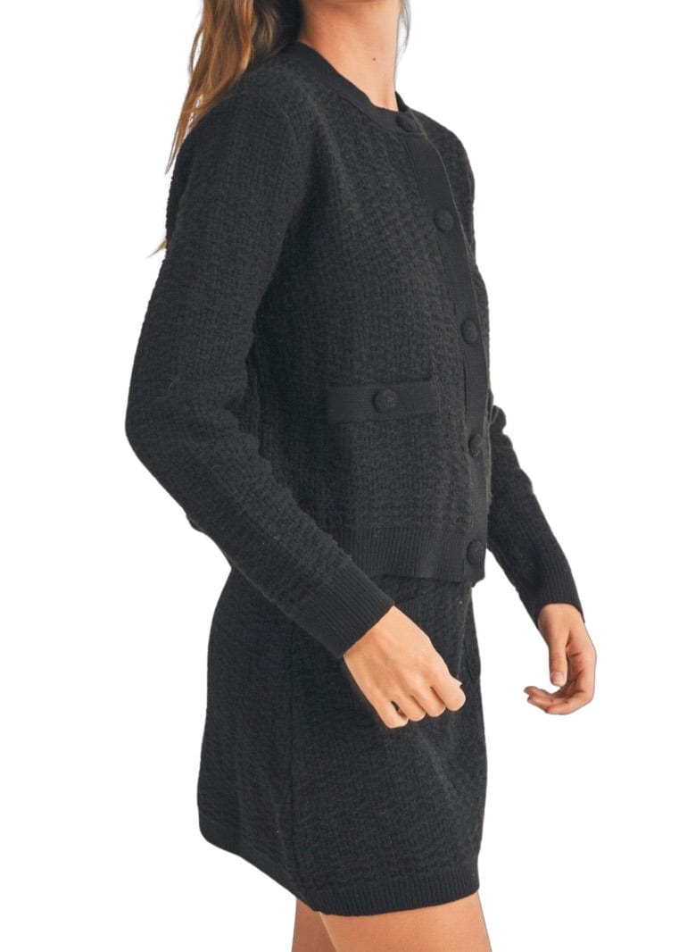 Black knit button front sweater and skirt set