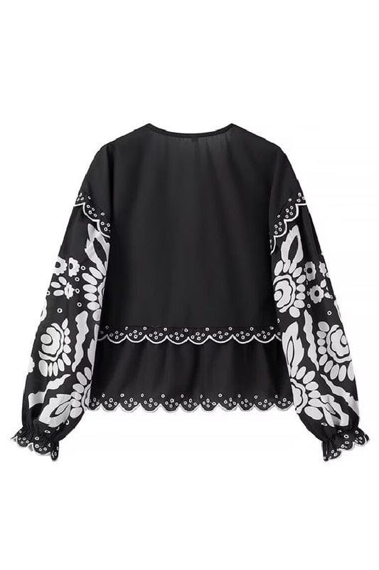 Black & white print long sleeve blouse